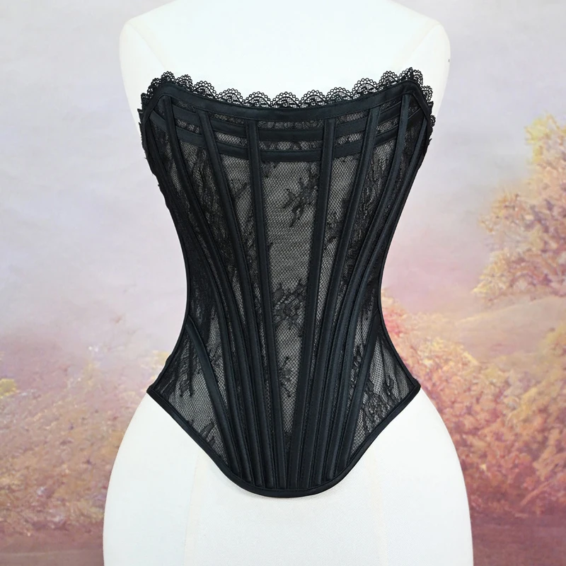 Sexy Mesh Overbust Corsets for Women Lace See Through Bustiers Tops Black White Corsets Body Shaper Lingerie Korset корсет