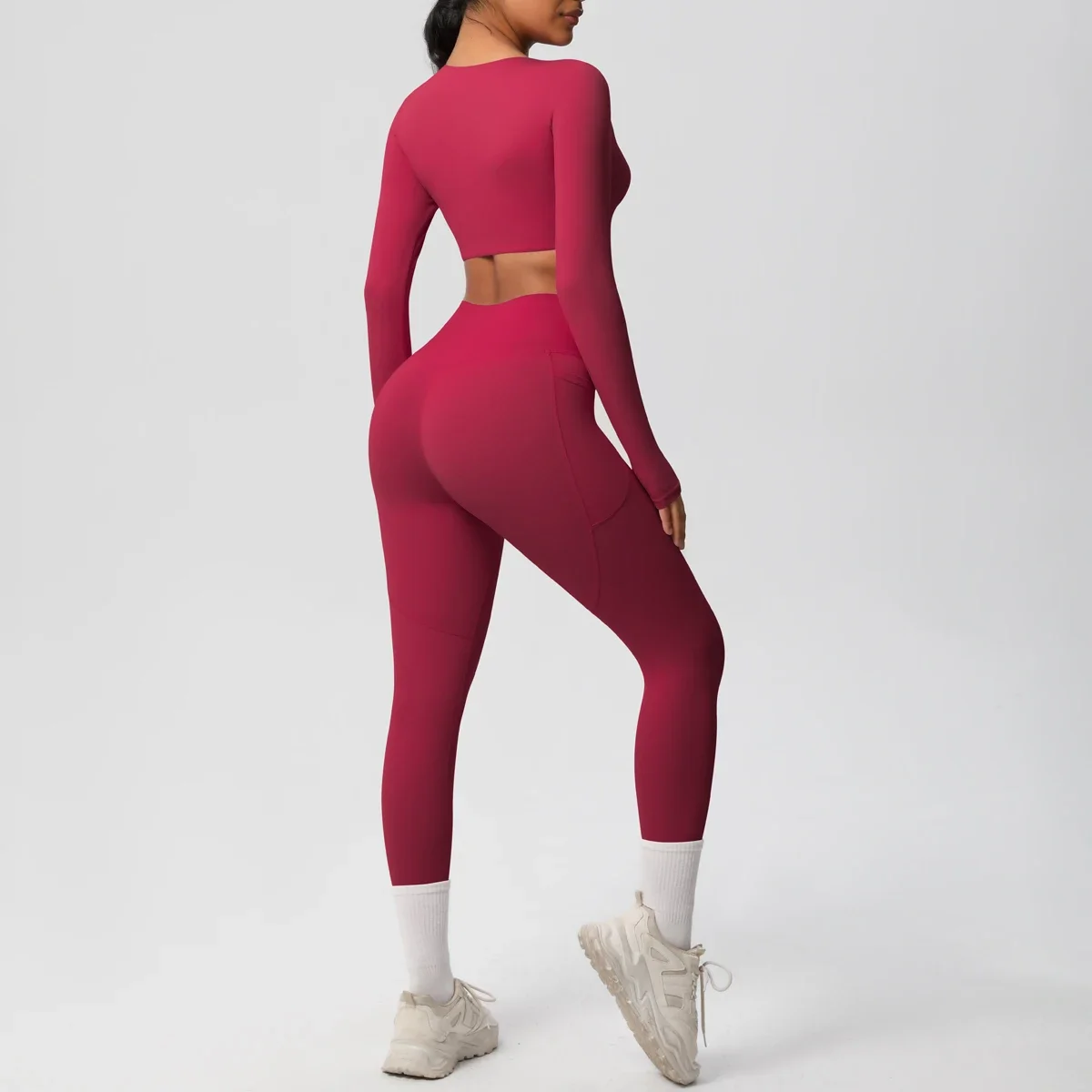ชุดโยคะชุดสตรีชุดกีฬาเสื้อผ้าโยคะฟิตเนสแขนยาวเบาะTracksuitsชุดกีฬาGym Top Highเอวกางเกงขายาวกระเป๋า