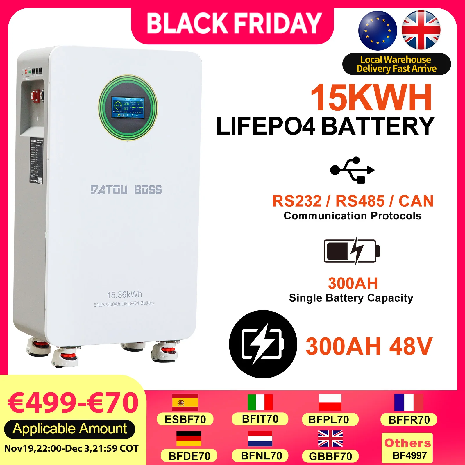 DATOUBOSS 15kwh lifepo4 batterie 300Ah 48V 8000 Cycles Support avec écran tactile Datouboss amovible LiFePo4 pour utilisation sur RV