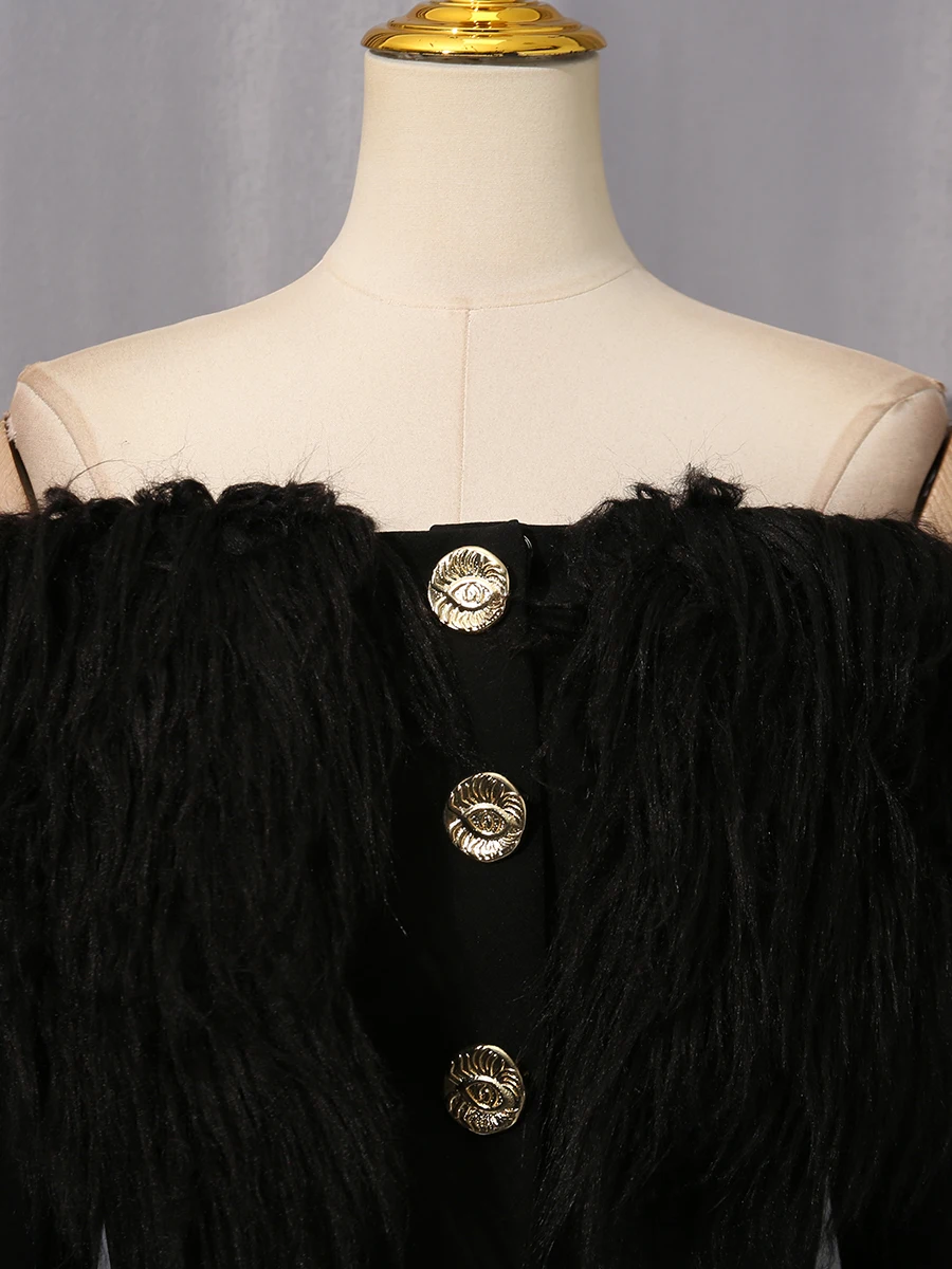 VGH Solid Off The Shoulder Slimming Jackets for Women Slash Neck Long Sleeves Patchwork Faux Fur Luxurious Jacket Female Style