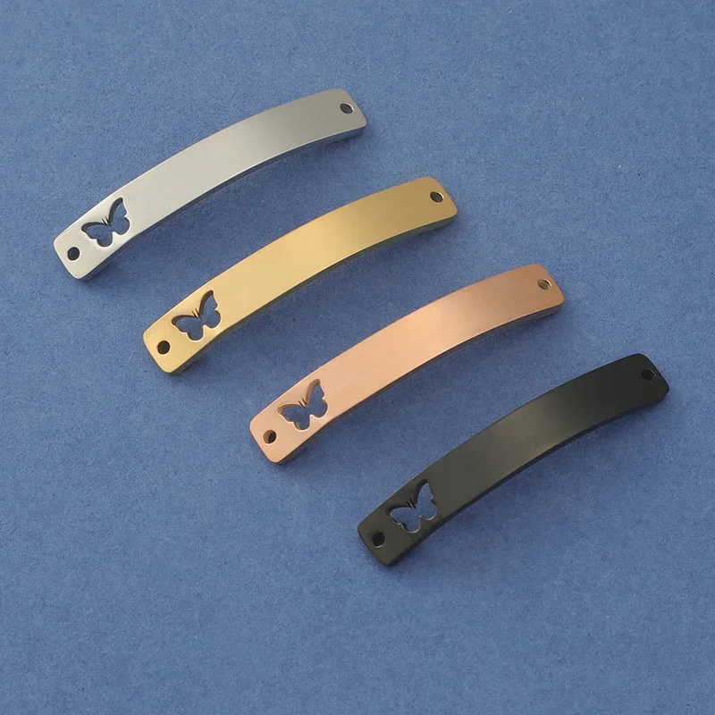 20Pcs Blank Stamping Rectangle Bar Hollow Heart Butterfly Mirror Polish 304 Stainless Steel DIY Charms Curved Bracelet Connector