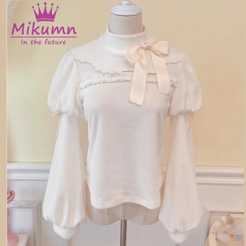 Mikautumn-Blusa feminina monocromática com gola alta, tops Harajuku, blusa Kawaii Lolita, mangas folheadas de pelúcia, japonesa, doce, fofa, outono, inverno