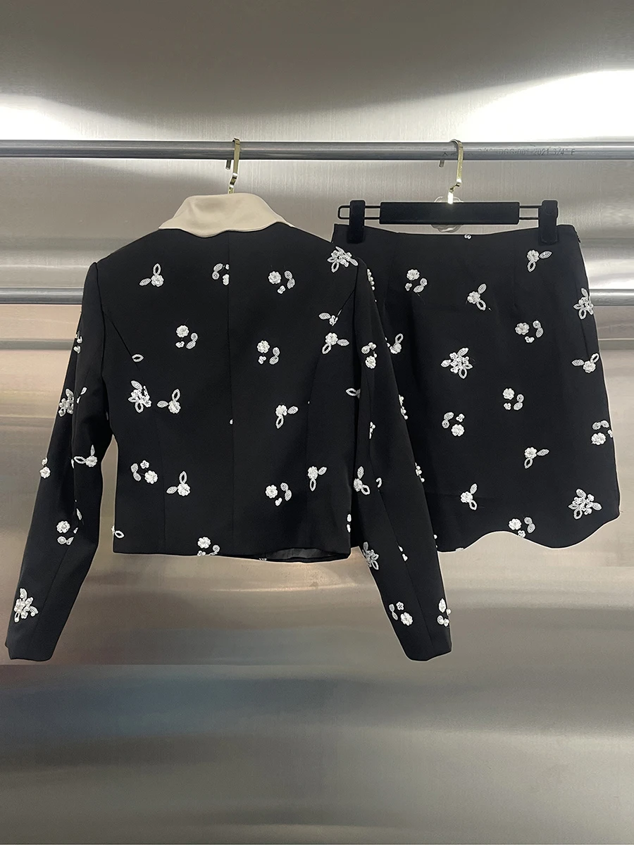 GALCAUR Solid Spliced Beading Two Piece Set Female Lapel Long Sleeve Jacket Korean Sweet Women's Skirt Sets Fashion Autumn New view 5