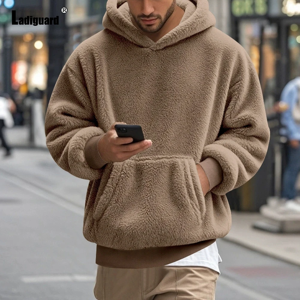

2025 European Style Casual Plush Sweatshirt Plus Size 3xl Mens Long-sleeved Hooded Tops Winter Stand Pocket Basic Pullovers New