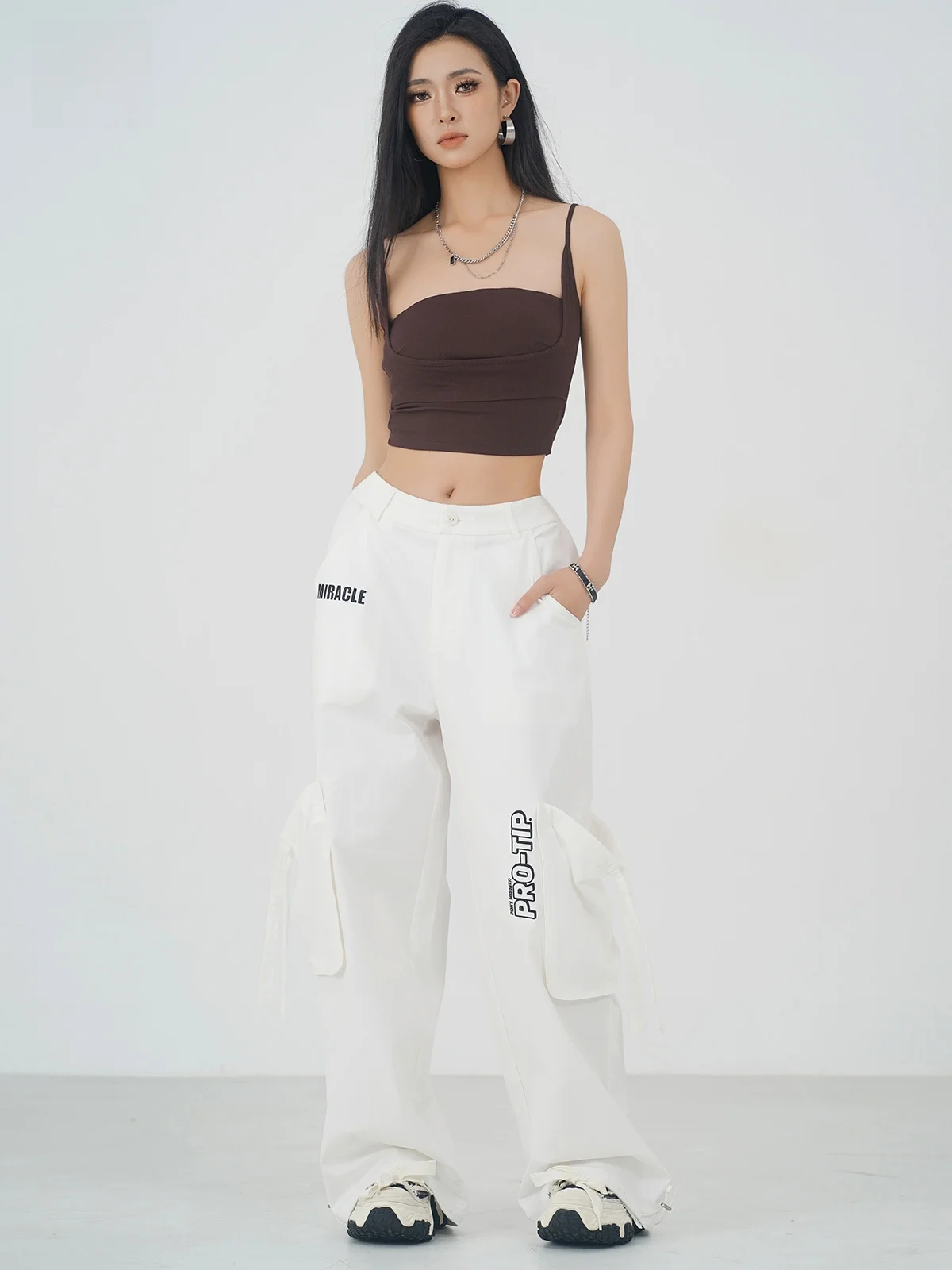 

Женские брюки с высокой талией и широкими штанинами для работы и повседневной носки, с дизайнерскими большими карманами, из смесового хлопка и полиэстера