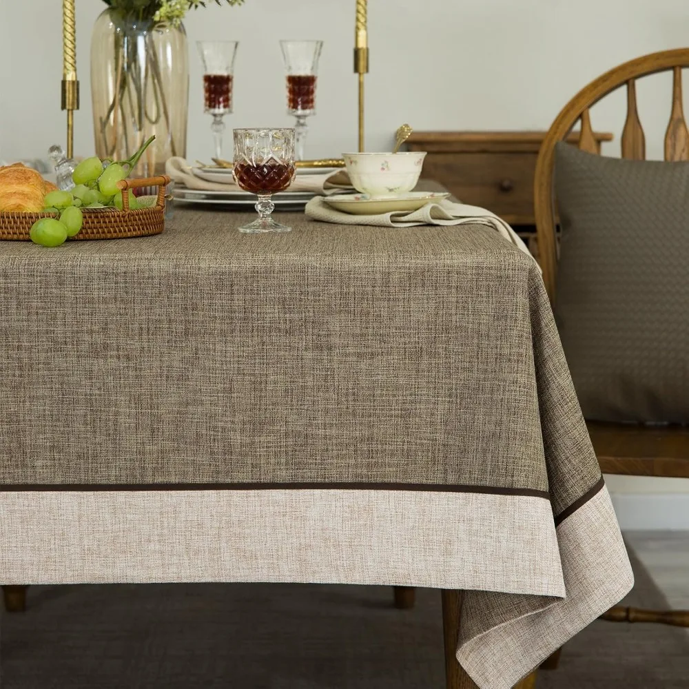 

Rustic Linen-Style Washable Tablecloths with Classic Texture for Rectangle Tables, Retro and Solid Bordered Design