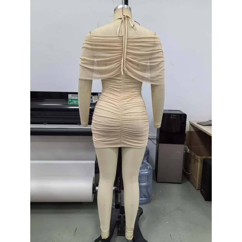 Damen-Minikleid mit freiem Schulterbereich, Netzstoff, Neckholder-Ausschnitt, figurbetont, mit Knopfleiste vorne, geraffter Kordelzug, sexy, für Nachtclubs und Partys, kurzes Kleid, Dropshipping. – Detail 8