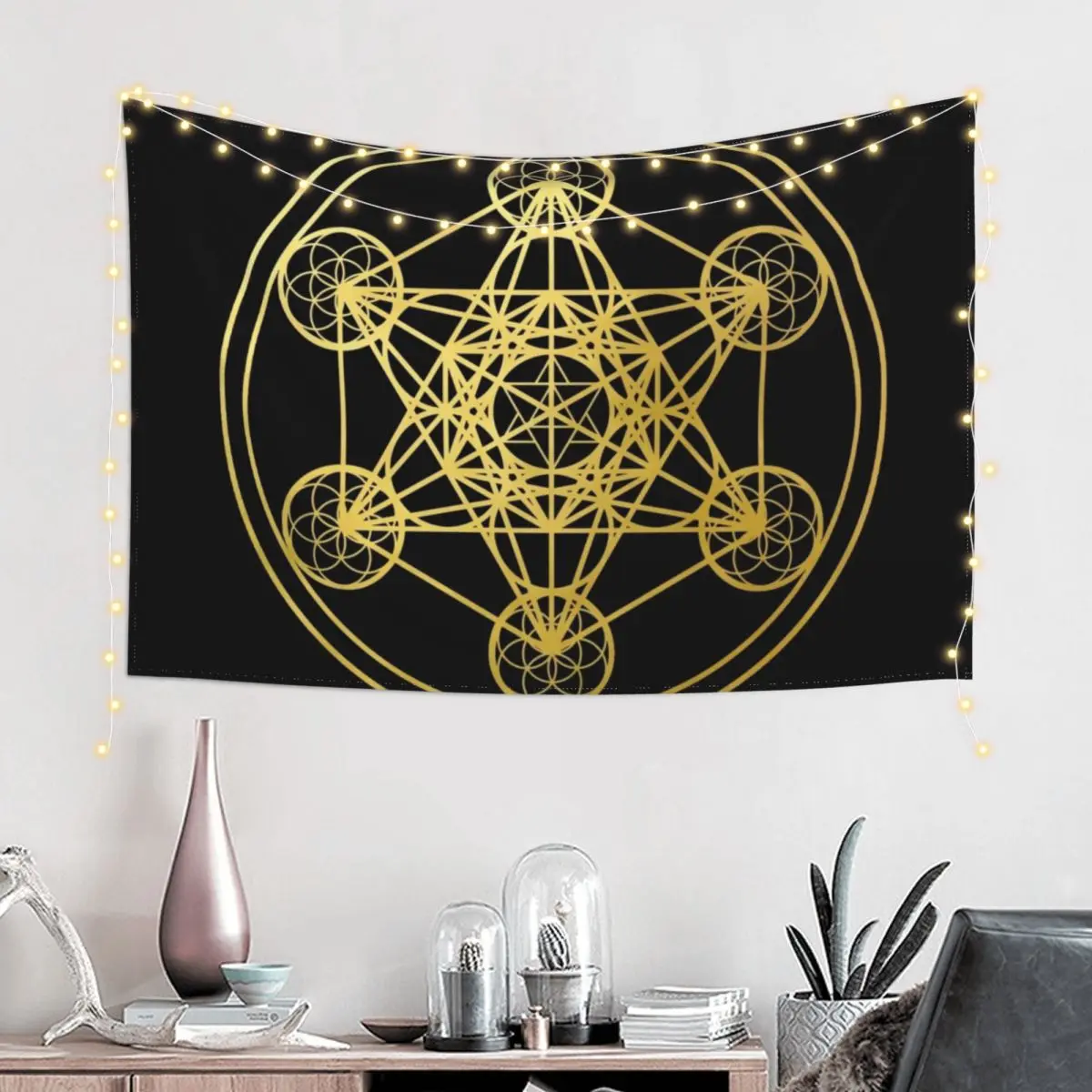 Metatrons Cube gold sacred geometry mandala esoteric symbol Kabbalah Tapestry Bathroom Decor Decorations For Room Tapestry