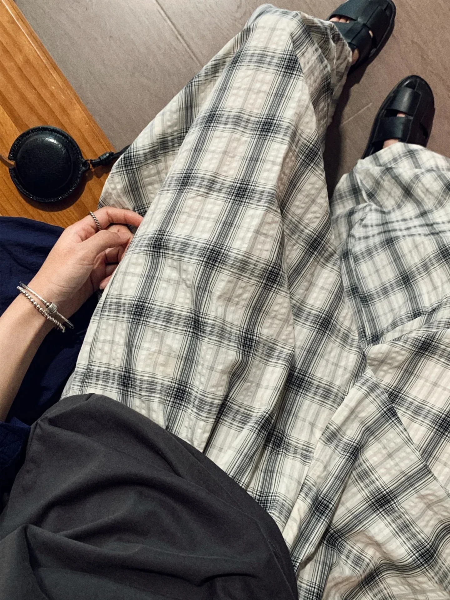 

Summer Thin Bla White Plaid Pleated Loose Comfortable Men's Casual Pants Casual Sle Loose Fit Wide Leg Knife Pants