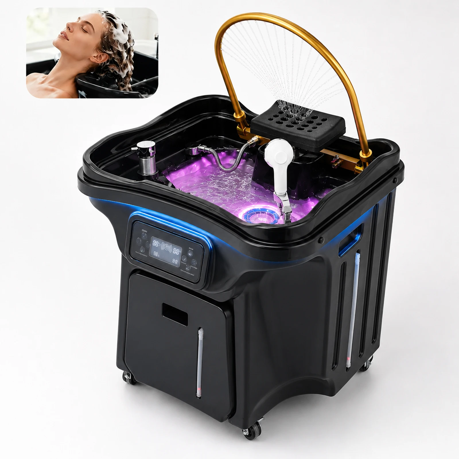 Mobile Shampoo Bowl Head Therapy Sink Thermostatic Circulating Water Head Spa Basin, Free of Water Line for Barber Beauty Salo