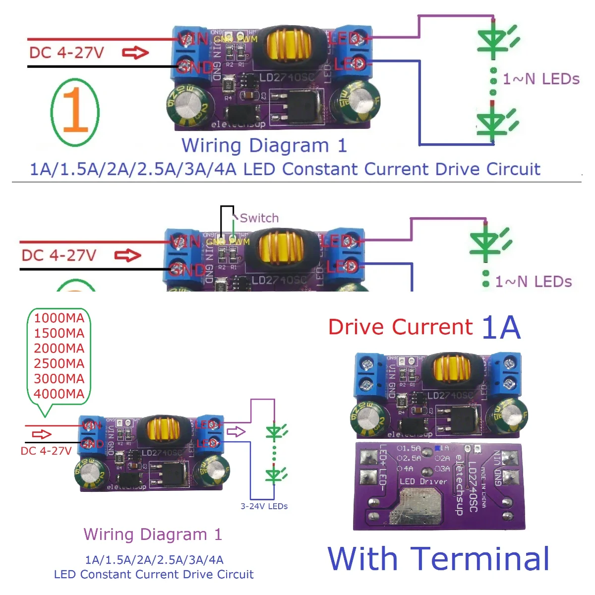 80W DC 4-24V 1-4A Switch-Mode Step-Down Constant-Current High-Brightness LED Driver Module for Stage lights
