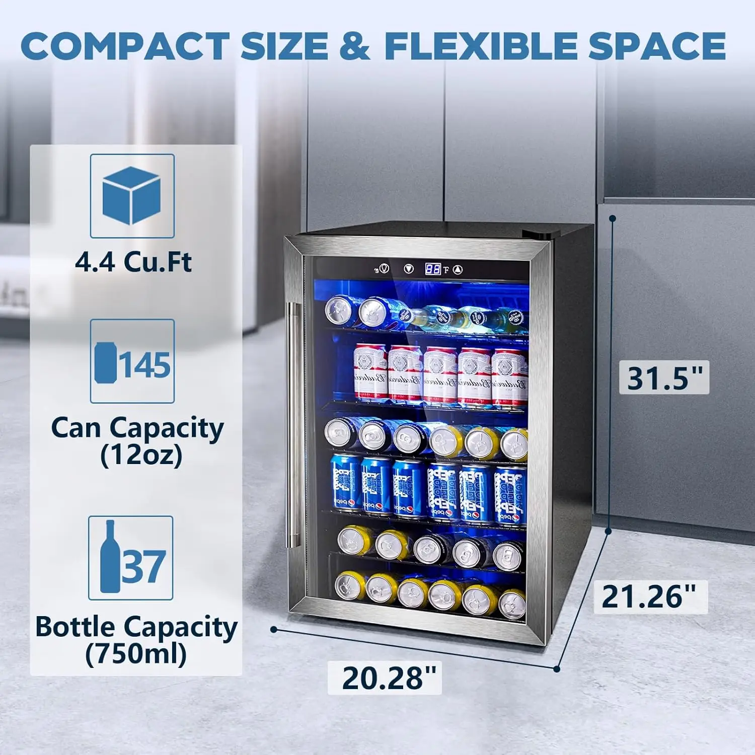 

Joy Pebble Beverage Refrigerator Cooler 4.4 Cu.Ft,145 Can Mini Fridge with Glass Door for Beer Drinks Wines,Freestanding