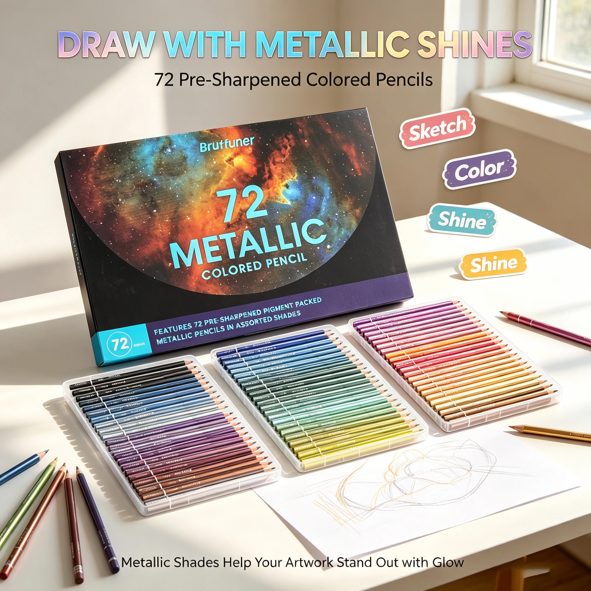 72Pcs/Set Metallic Colored Pencils,Soft‑Core Vibrant Colored Leads Wooden Art Pencil Set,Professional Drawing Pencils