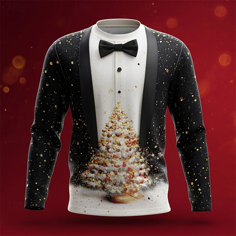 Realistisches Anzugmuster, Weihnachts-Langarm-T-Shirt für Männer, lustige Mode, 3D-gedruckte T-Shirts mit Rundhalsausschnitt, lässige übergroße T-Shirts