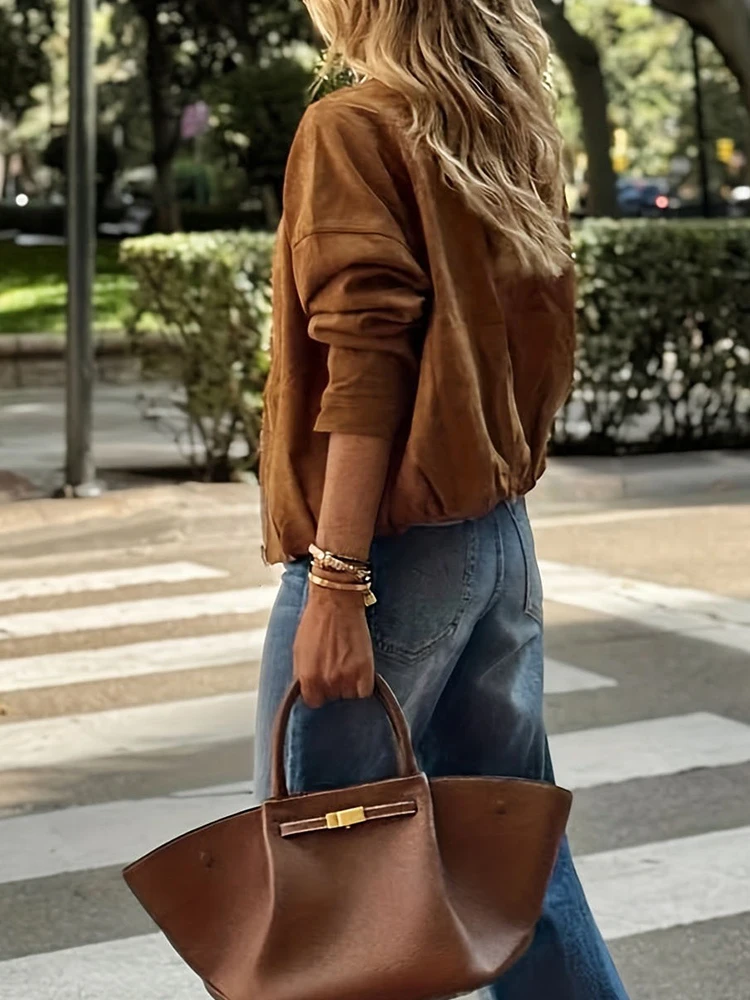 

Fashion Casual Zipper Women's Commute Coat Autumn Winter New Solid Color Loose Outerwear Temperament O-neck Long Sleeve Jacket