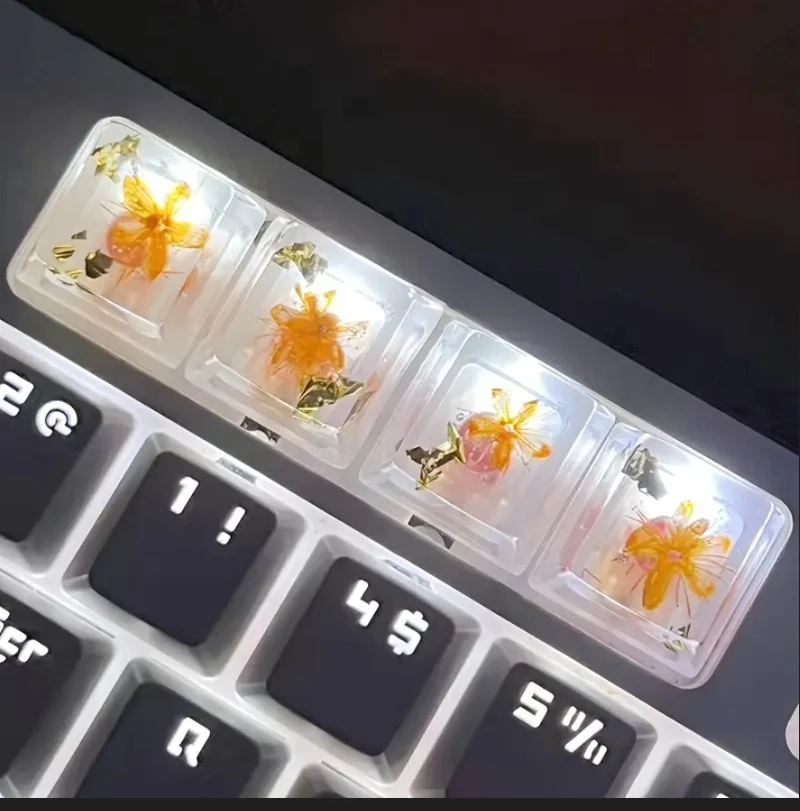 diy drip glue transparent personality flower key cap Eternal life Sandalwood flower real flower cross shaft mechanical keyboard