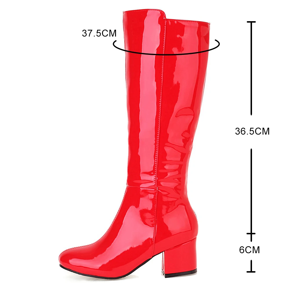 Black White Red Women Boots Patent Leather Thick Heel Knee High Boots Fashion Square Toe Autumn Winter Long Boots botas de mujer