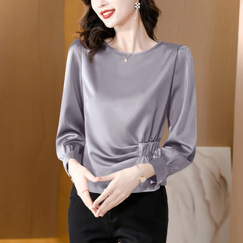 

Casual Women's Blouses Solid Folds Shirts Fashion Loose Spring/Summer O-neck Satin Clothing Long Sleeves Korean Women Tops