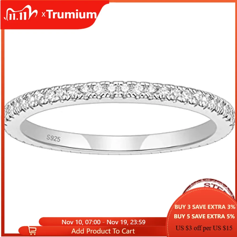 

Trumium 2mm Real s925 Sterling Silver Wedding Band Cubic Zirconia Full Eternity Stackable Engagement Rings for Women Girls Gifts