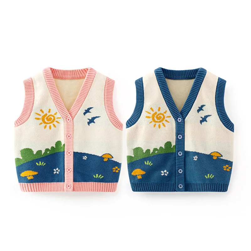 Spring Autumn Toddler Girls Waistwear Painting Jacquard Pastoral Style Children Girls Knitwear Cotton Knitted Baby Girls Vest