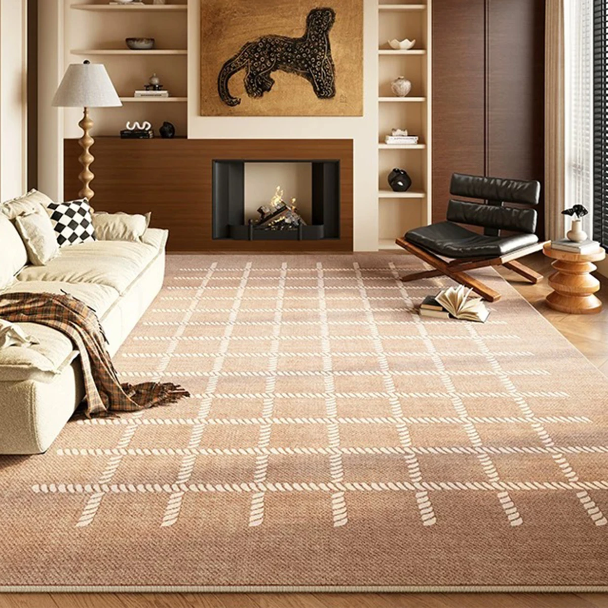 Vintage American Plaid Rug for Living Room Large Area Carpet Mid-tone Maillard Brown Mat Coffee Tables Rugs Bedroom Floor Mats