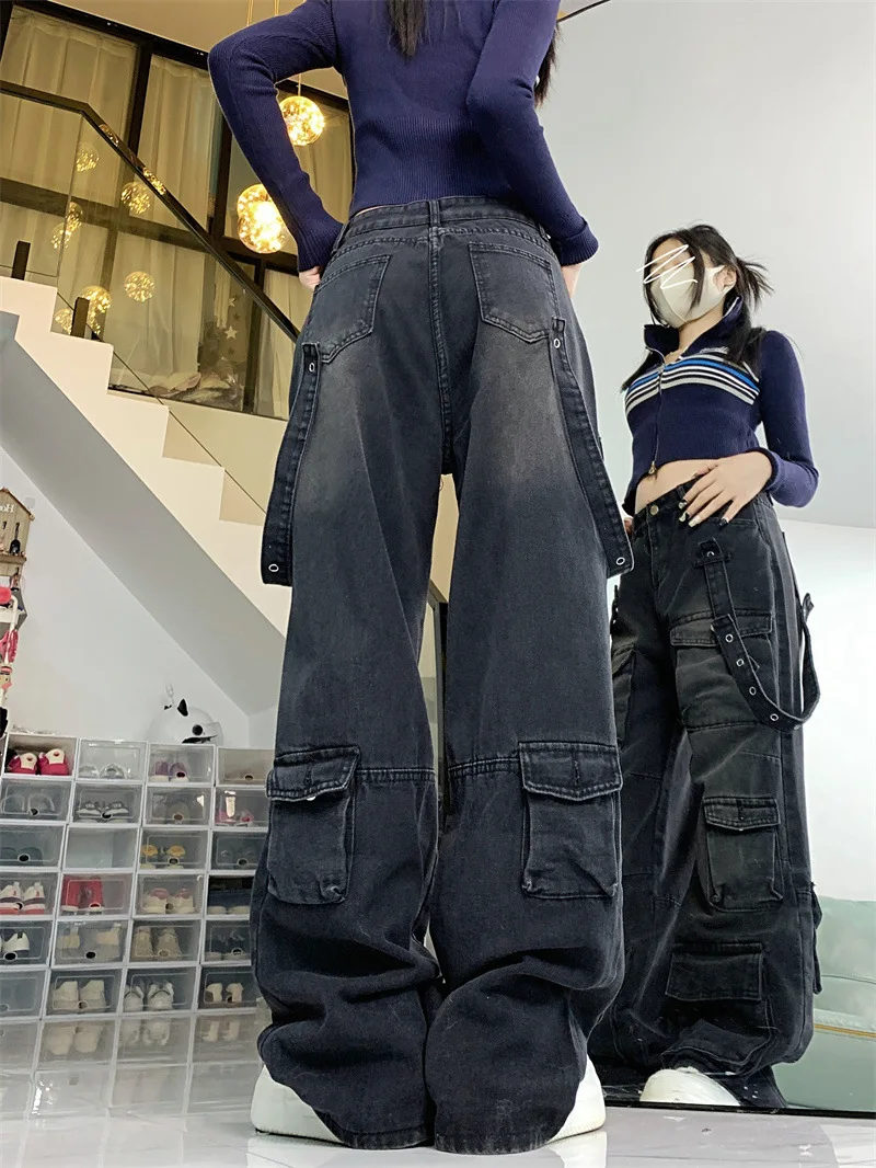 Women\'s Black  Baggy Cargo Jeans Harajuku Oversize Denim Trousers Y2k 90s Vintage 2000s  Jean Pants Trashy Clothes 2025