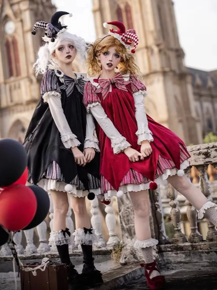 오리지널 엘레강트 레트로 인형 광대 짧은 원피스 자수 칼라 패치워크 긴 소매 루즈핏 불규칙 로리타 원피스 여성용