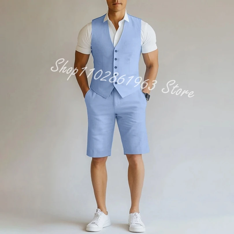 

Men's Linen Wedding Suits Waistcoat Shorts Groomsmen Suits Sky Blue Vest Shorts 2 Piece Linen Summer Casual Costume Homme