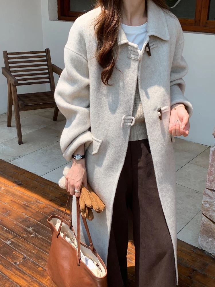 Grey Wool Overcoat Korean Design Single Breasted Women Double-faced Woolen Coat Autumn Winter Chic Lapel Long Jacket Outwear