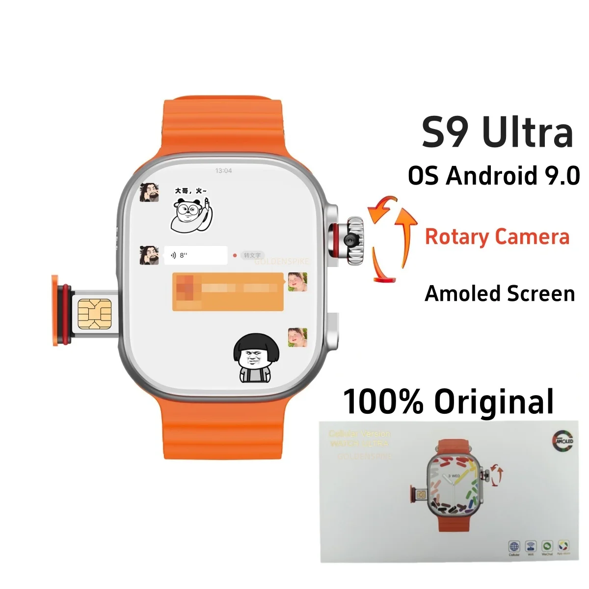 Original CDS9 Ultra Smartwatch Android 9.0 4G Network Sim Card Rotary Camera Amoled Google Play Store Global Version Smart Watch