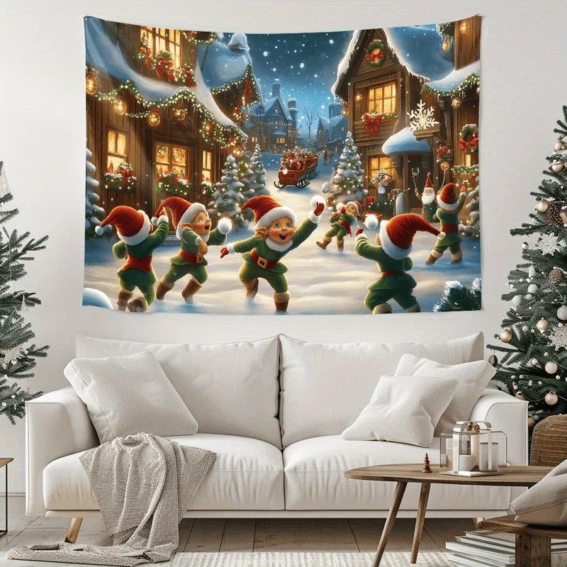 VIKAMA Christmas Tapestry Winter Village Elf Snowball Fight Wall Hanging Living Room Bedroom Aesthetic Xmas Wall Art Holiday