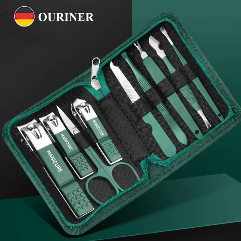 Ouriner-profissional manicure conjunto com estojo de couro, pé e rosto kit de ferramentas, cortador de unhas de aço inoxidável, presente, 9 pcs
