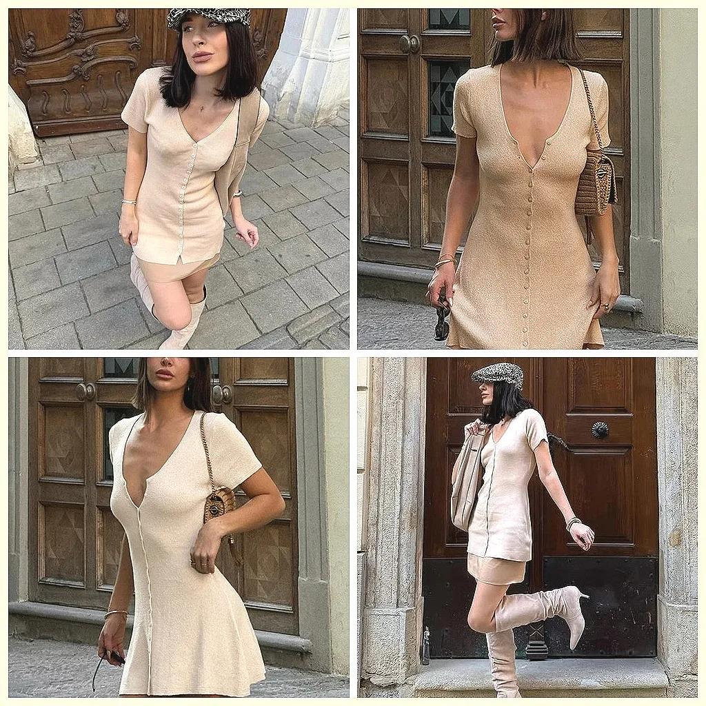 

Women's V-Neck Knitted Mini Dress 2026, Casual Short Sleeve A-Line Dress for Daily Commute