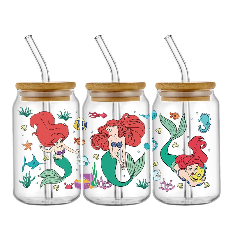 Ariel Mermaid Princess 16oz UV DTF Cup Wrap Cartoon Libbey Glass Can Tumbler Transfer Stickers Waterproof Permanent Adhesive