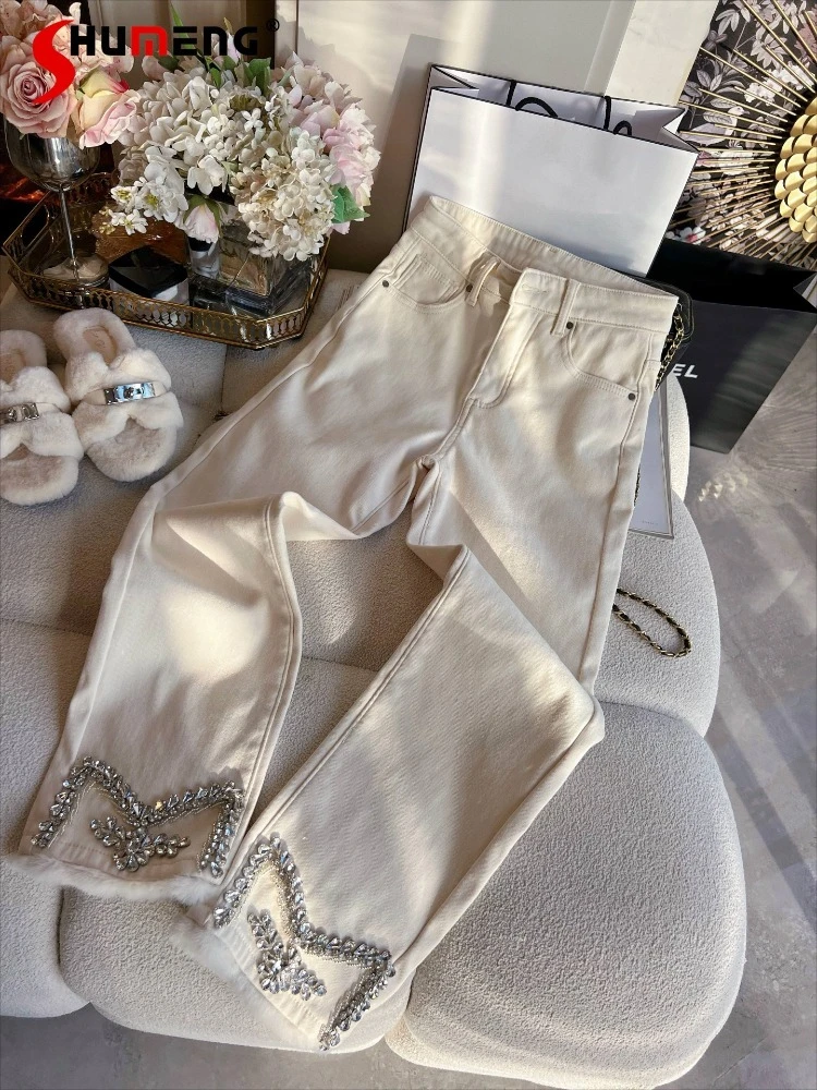 

2025 Women Winter New Fleece Lined Thickened Chic Jeans Women Trendy Splicing Rhinestone High Waist Comfort Straight Denim Pants