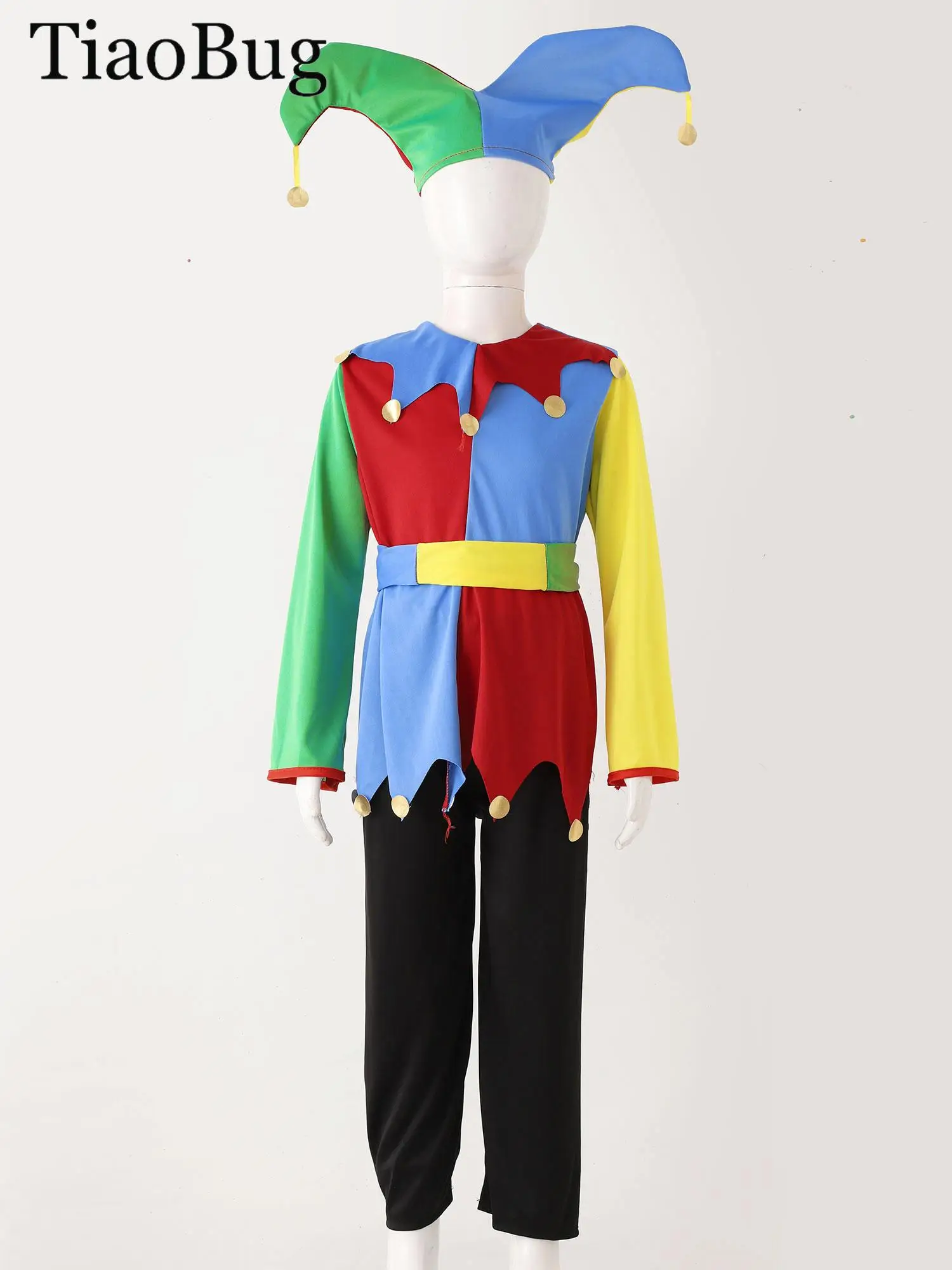 

Girls Boys Clown Cosplay Costume Colorful Patchwork Circus Clown Dress with Hat Pants Halloween Carnivals Performance Outfit