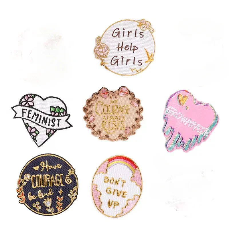 50pcs/Lot Luxury Round Embroidery Patch Letter Girl Feminist Love Courage Shirt Bag Clothing Decoration Accessory Craft Applique