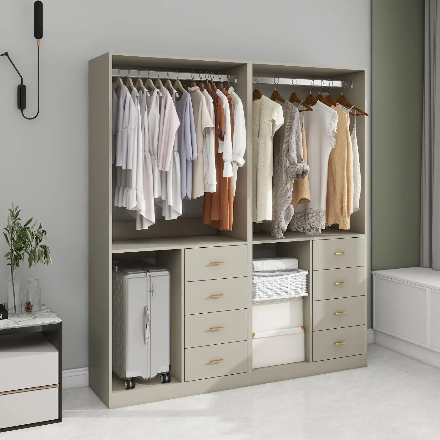 Wooden Grey Closet System: Walk in Built-in Closet Organizer  Storage Modern Closet Kit Wood Organizer System