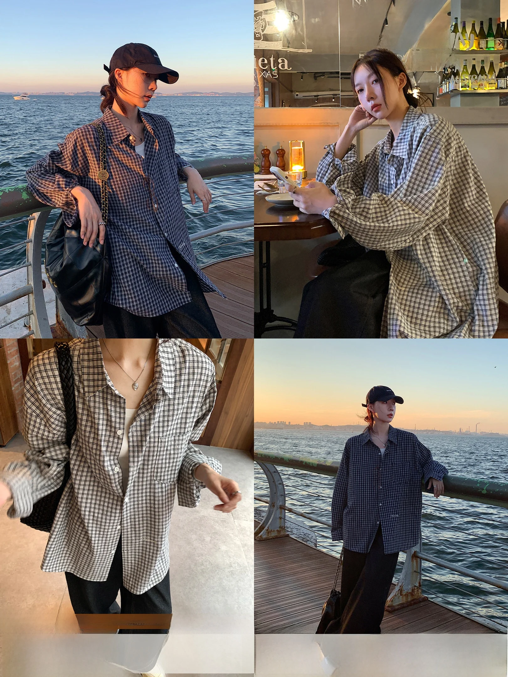 

Casual Bla White Plaid Long Sve irt Korean Sle Spring Autumn Oversized Cotton Polyester Blend VS What VS-DX6032