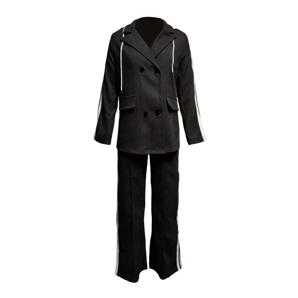 

Women Loose Fit Coat Pants Set Winter Women Suit Elegant Striped Women's Coat Pants Set with Drawstring Details for Winter