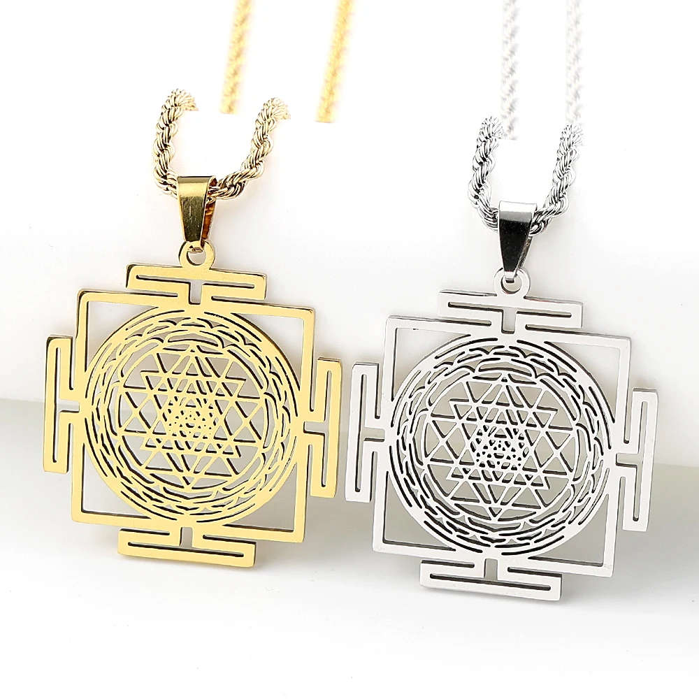Yoga Hindu Sri Yantra Mandala Pendant Necklace for Women Men Stainless Steel Sacred Geometry Tantra Meditation Chain Jewelry