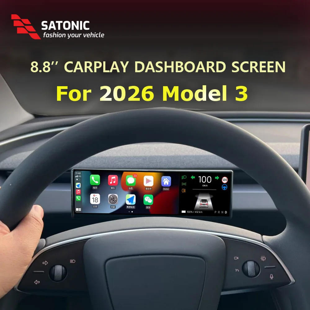 SATONIC 8.8 inch Instrument Cluster for Tesla Model 3 2026 Wireless CarPlay Android Auto Dashboard Display Front Cam BSD BSM