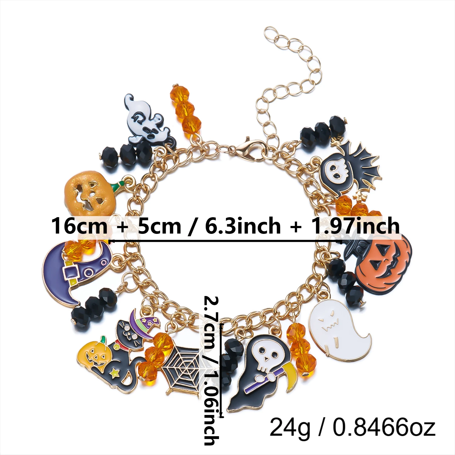 Halloween Multi-Element Kürbis-Geist-Anhänger Armband für Damen und Herren, Schwarze Katze Totenkopf Metallketten-Armband, Festival Schmuck Geschenk – Detail 10