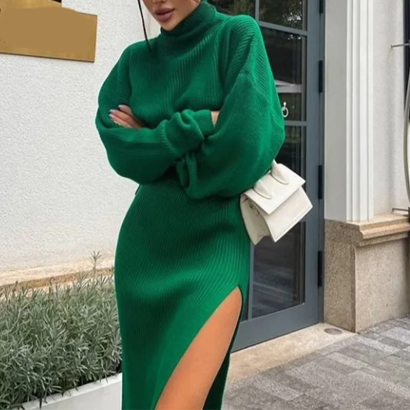 

Women's high-neck mid-length skirt 2022 autumn and winter loose long-sleeved sweater side slit skirt ladies sexy