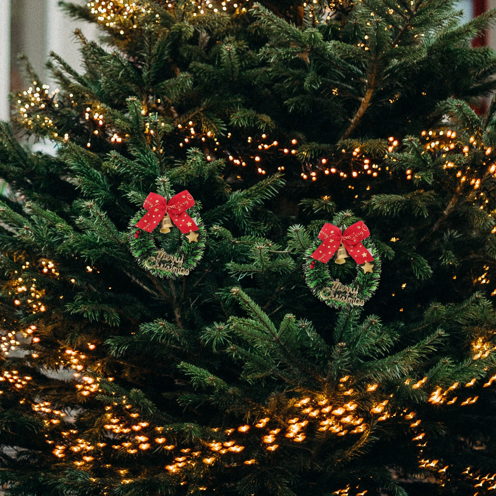 

10pcs Mini Christmas Wreaths Bow Bell Decorations for Tree Door Wall Window Festive Home Crafts Hanging Garland Simulated