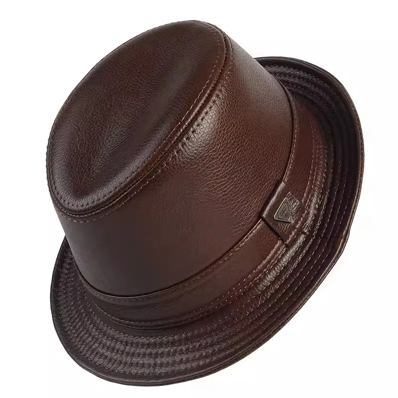 New 2024 Man High Quality Genuine Leather Jazz Fedora Gentleman CowSkin Short Brim Black/Brown Fitted Top Hat Male Shows