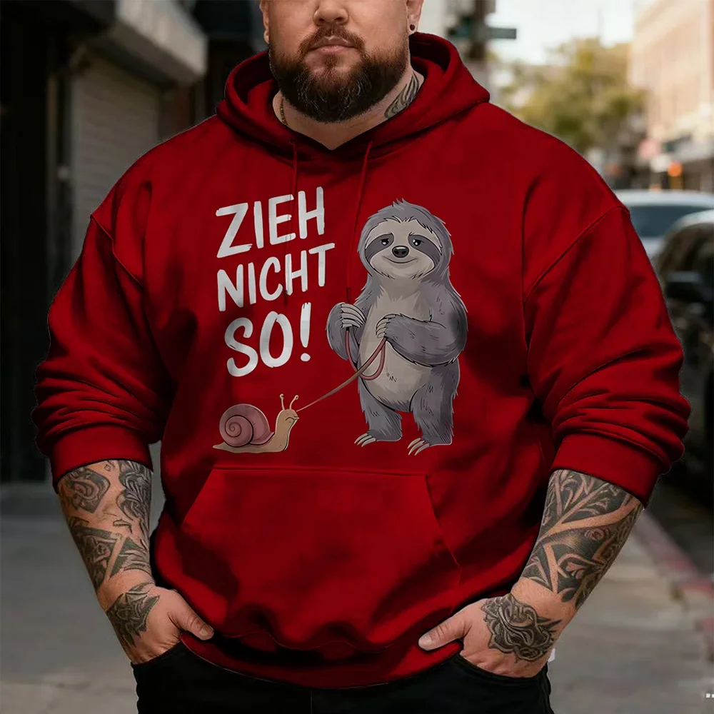 Men's Plus Size German Animal Humor Pullover Hoodie, Sloth, Dachshund or Sheep Cartoon Print for Relaxed Weekend Hangouts, S-9XL