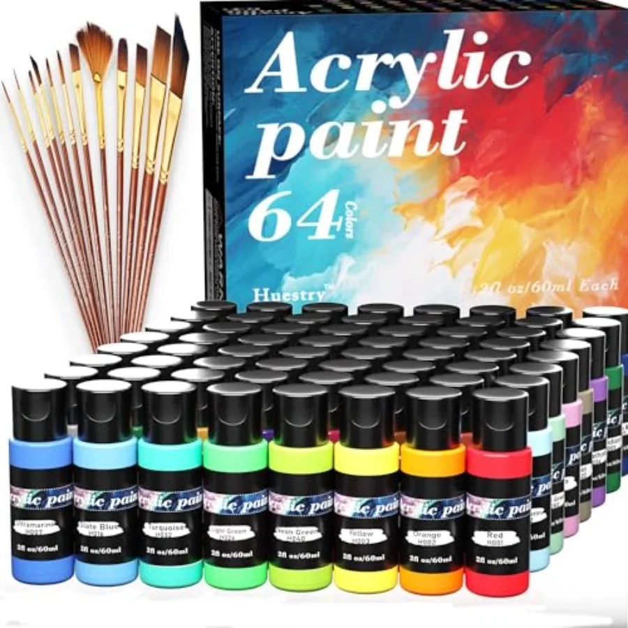 

Acrylic Paint Set 76 PCS of 64 Colors 2fl oz 60ml Bottles with 12 Brushes, Non Toxic 64 Colors Acrylic Paint No Fading Rich Pig