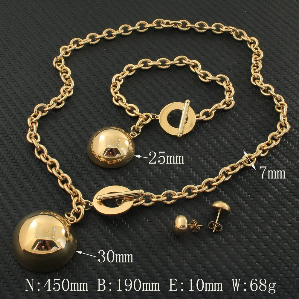 Gold Color Round Necklace Bracelet Stud Earrings Newest Stainless Steel Jewelry Sets For Women Fashion SFGZBOCF