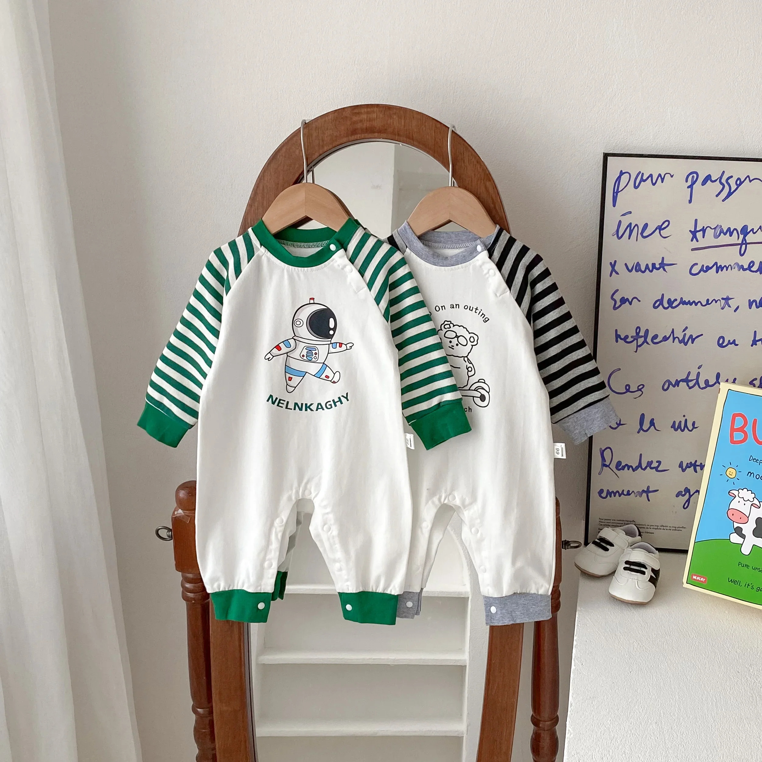 

Newborn Baby Boys' Striped Patchwork Cartoon Astronaut Print Jumpsuit Toddler Kids Cotton Romper 0-24M - Autumn 2023 New In